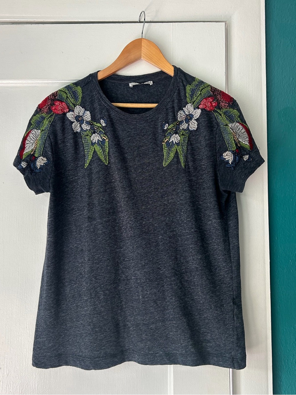 Zara Heather Dark Blue Short Sleeve Tee with Floral Shoulder Embroidery